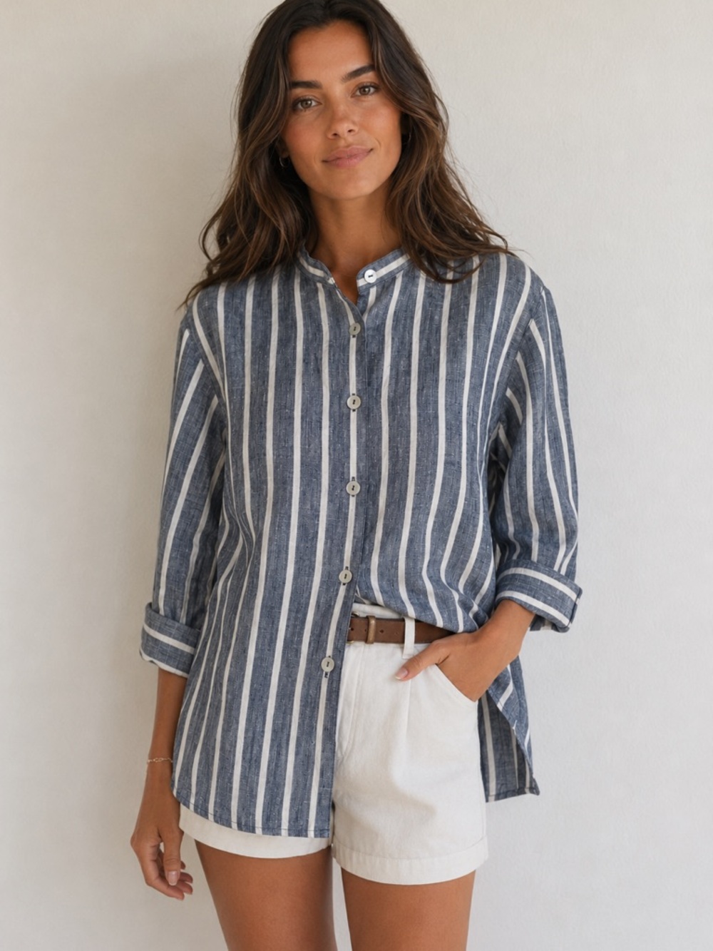 Rafaella Petites 100% Linen Striped Button Front Tunic Shirt Size S Blue White